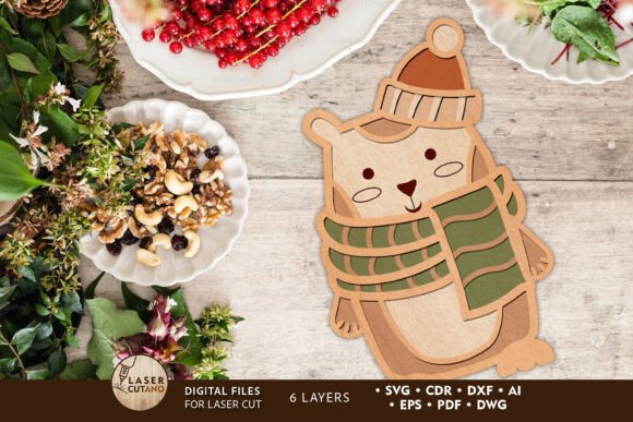 Bear Christmas Wood Cut Template for Laser Cutting & Winter Amp