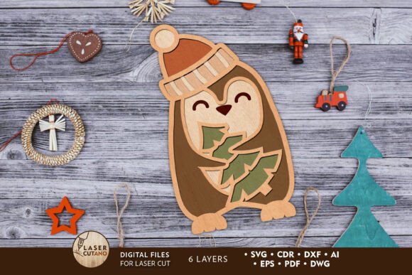 Christmas Decorative Penguin Template for Laser Cutting and Winter Amp
