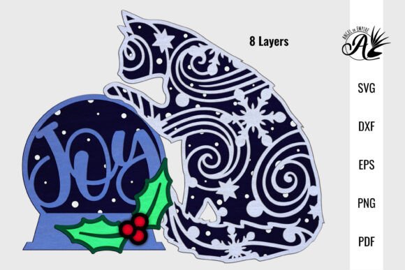 Festive Holiday Cat with Joy Snow Globe for Laser Cutting and Shadow Boxes